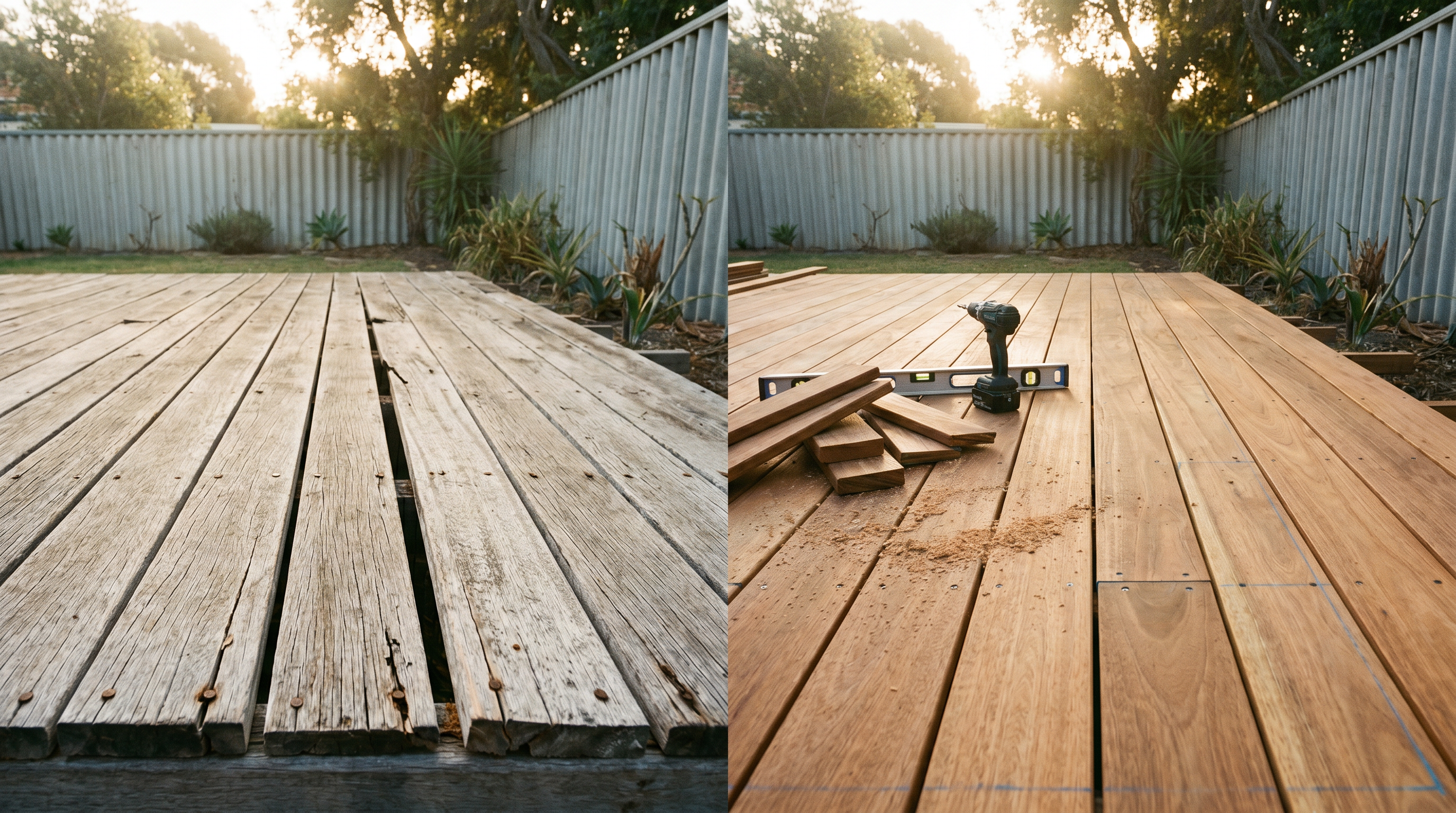 Old worn timber deck next to newly installed boards mid-replacement in a Perth backyard