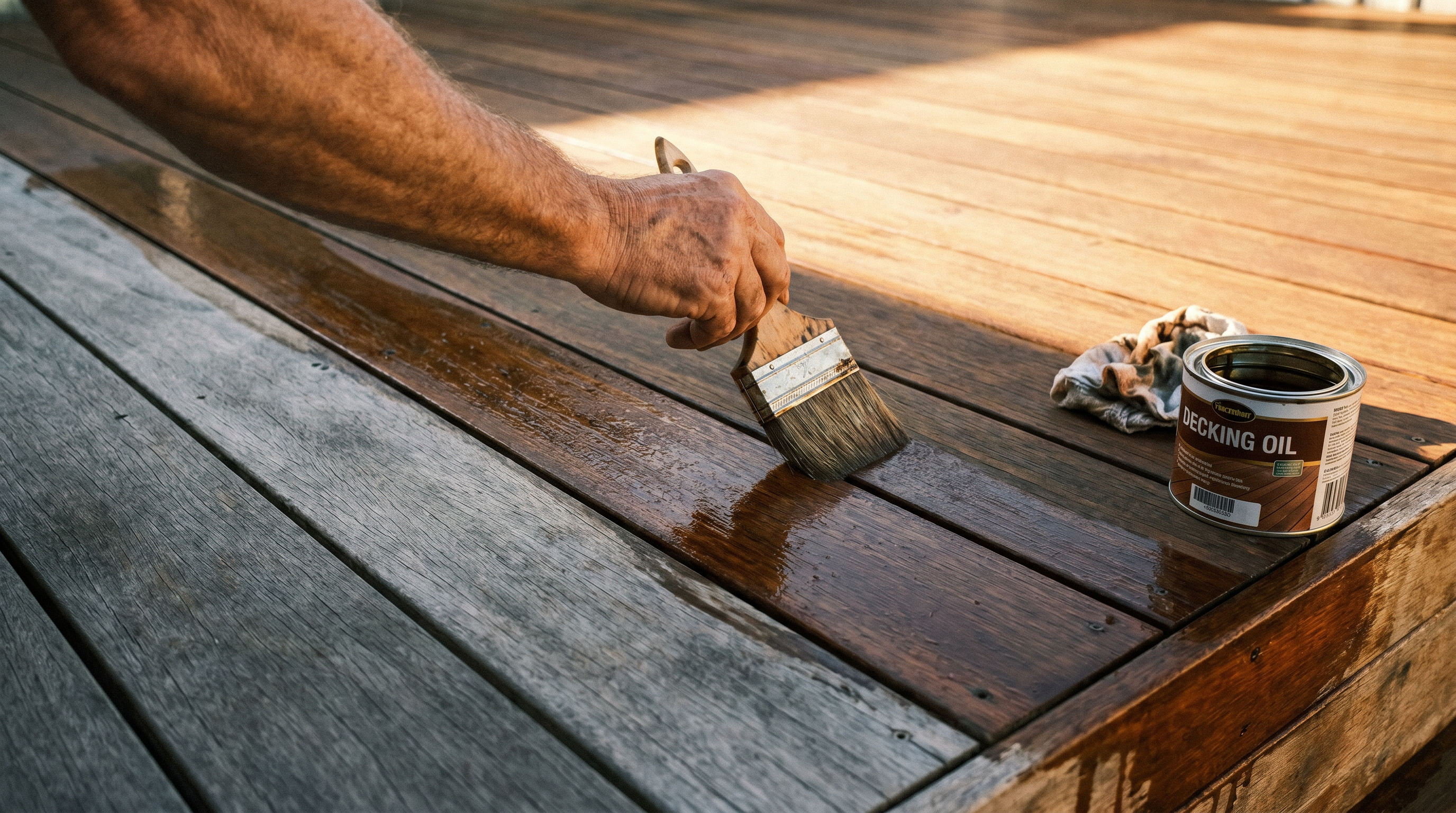 Brush mid-stroke applying oil to a merbau deck, wet recoated section beside a faded section