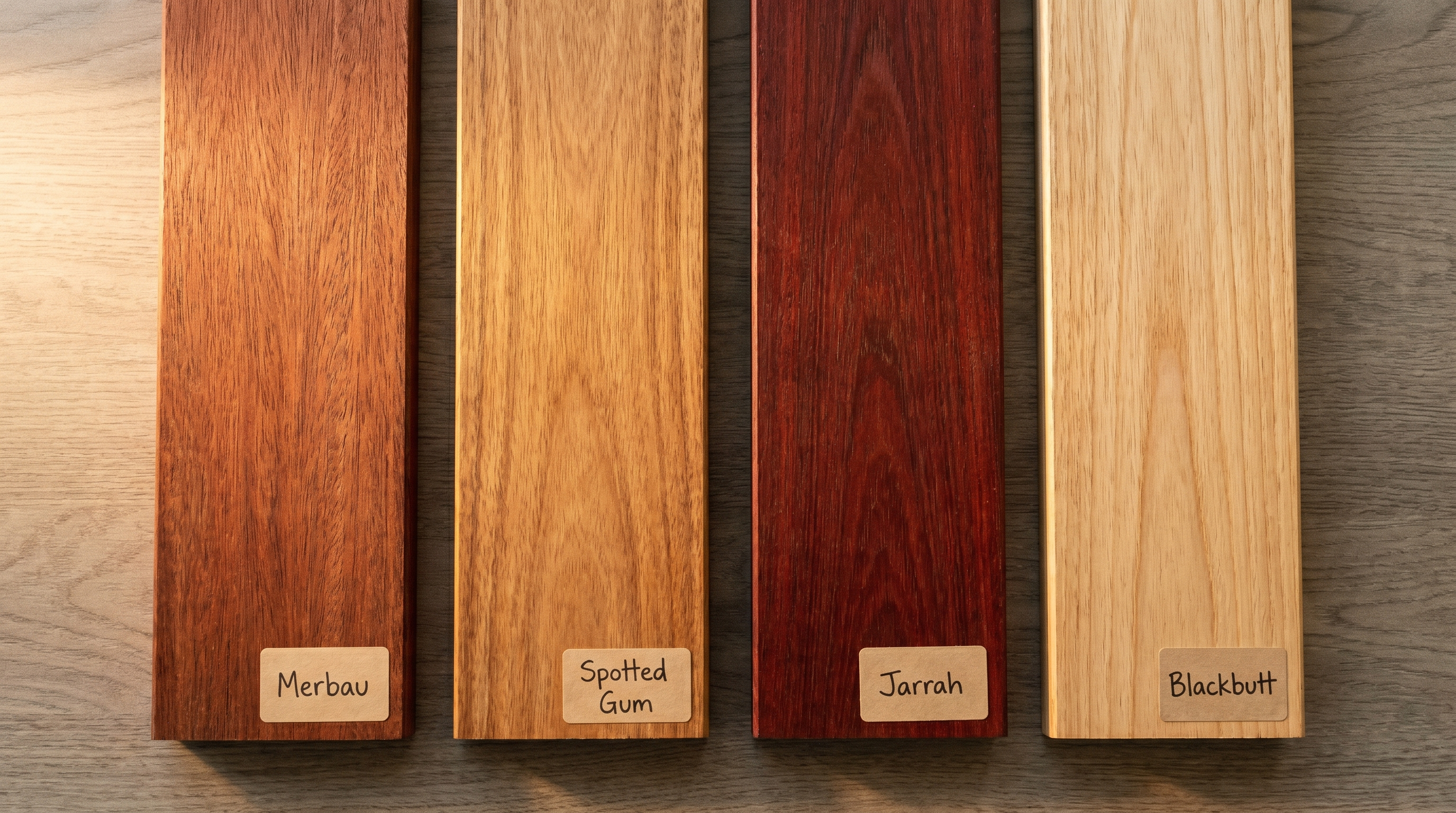 Flat-lay of merbau, spotted gum, jarrah and blackbutt decking board samples with handwritten labels
