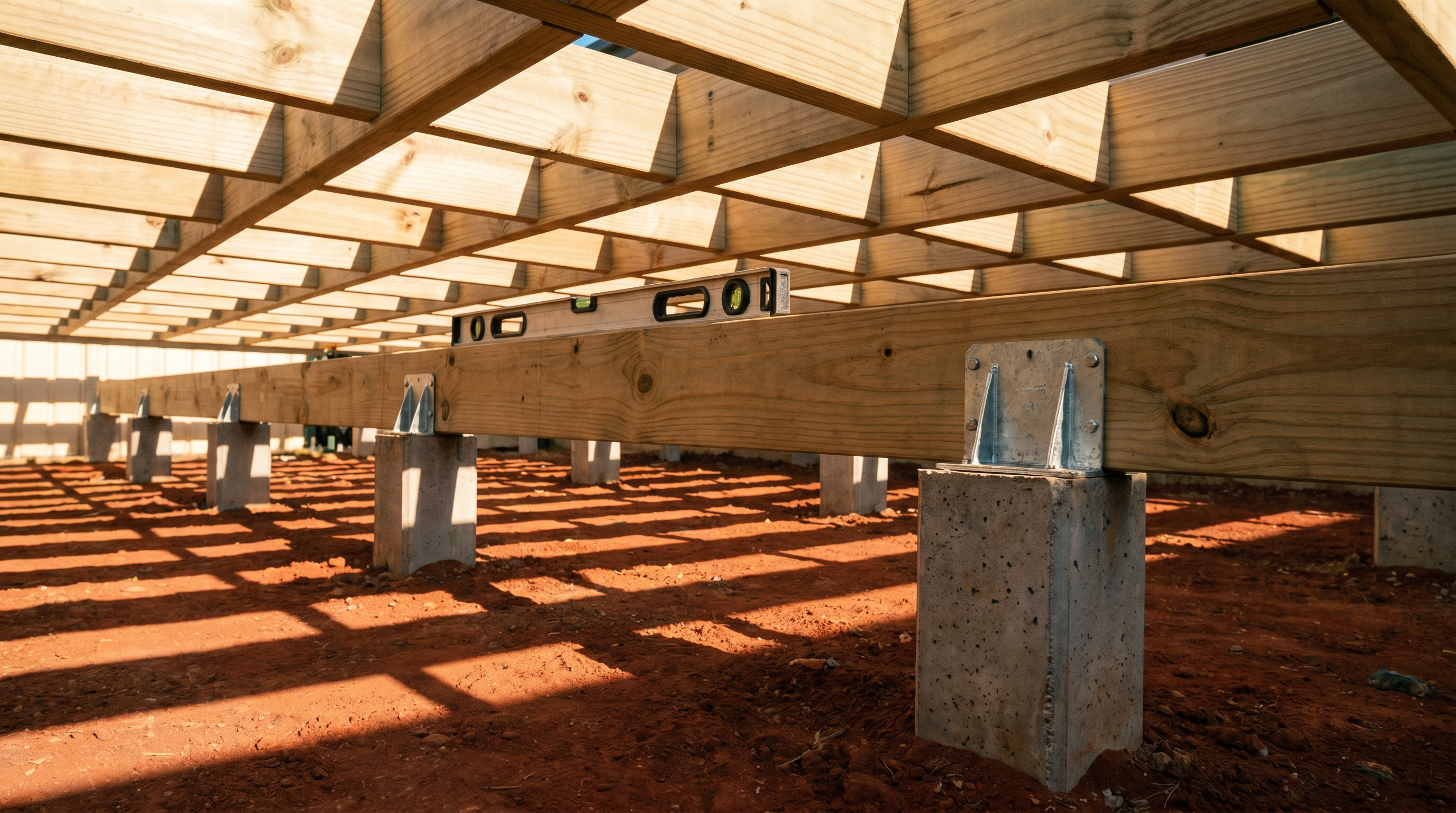 Underside of a deck mid-build showing galvanised stirrups, concrete stumps and treated joists in Perth red earth